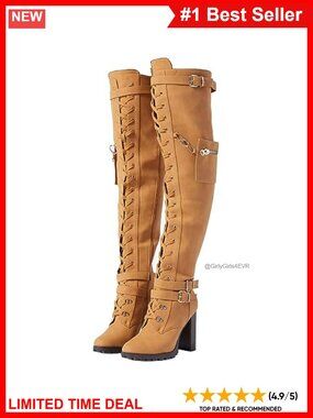 Wide Calf Thigh High Boots Chunky Block Heel Lace Up Over Knee Combat Boots